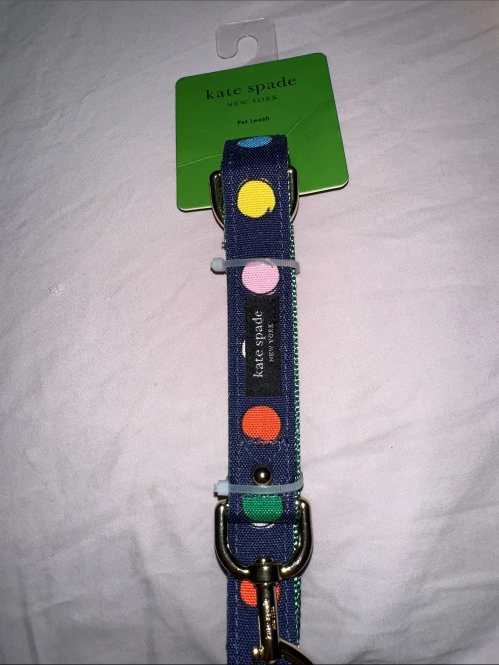 NWT kate spade Navy Polka Dot Dog Leash with Gold Hardware size med up to 90 p